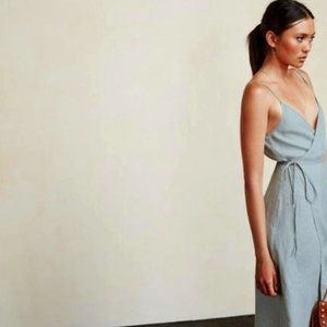 The Reformation Blue Charlotte Linen Wrap Flounder Casual Maxi Dress